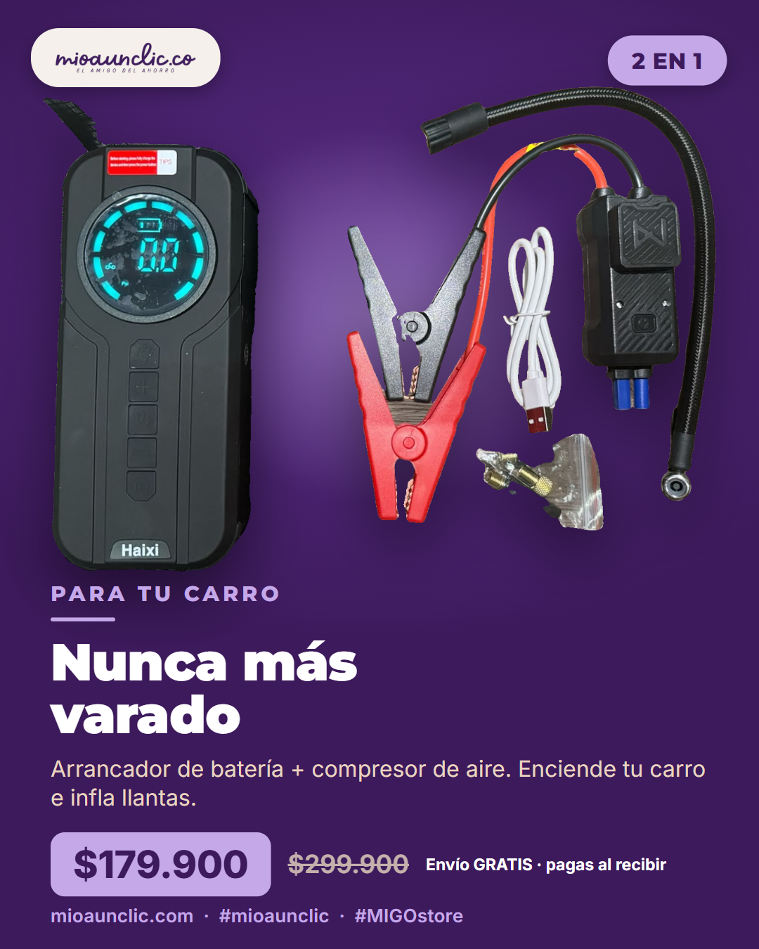 Arrancador de batería y compresor de aire 2 en 1 - MÍO a un clic