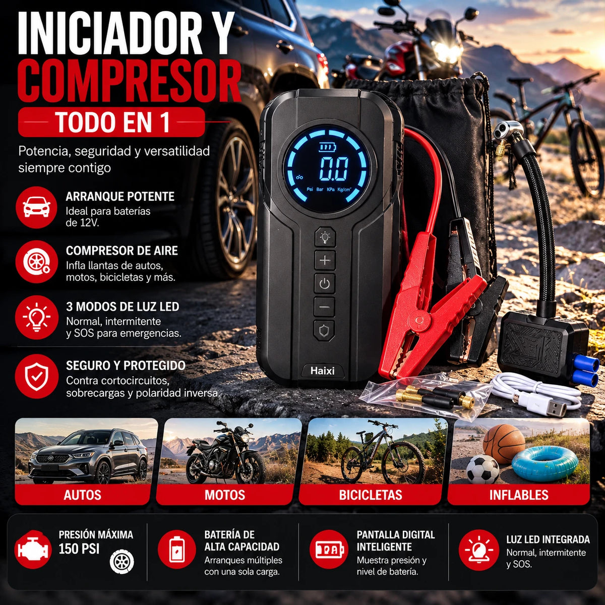 Arrancador de batería y compresor 2 en 1 características