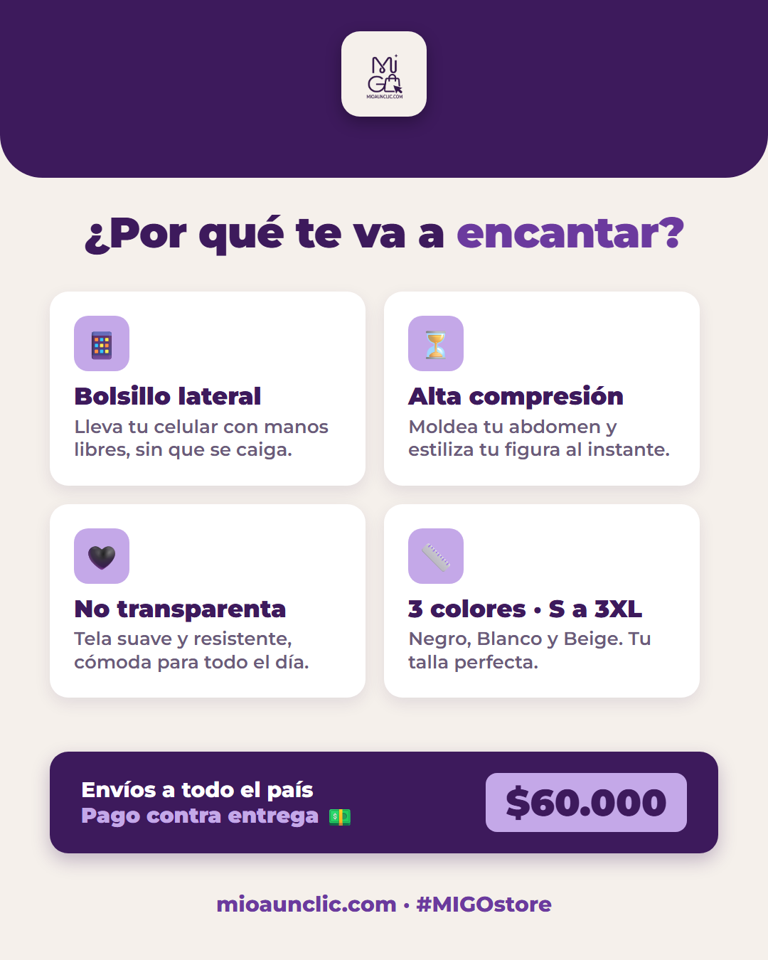 Beneficios: alta compresion, 3 colores, tallas S a 3XL
