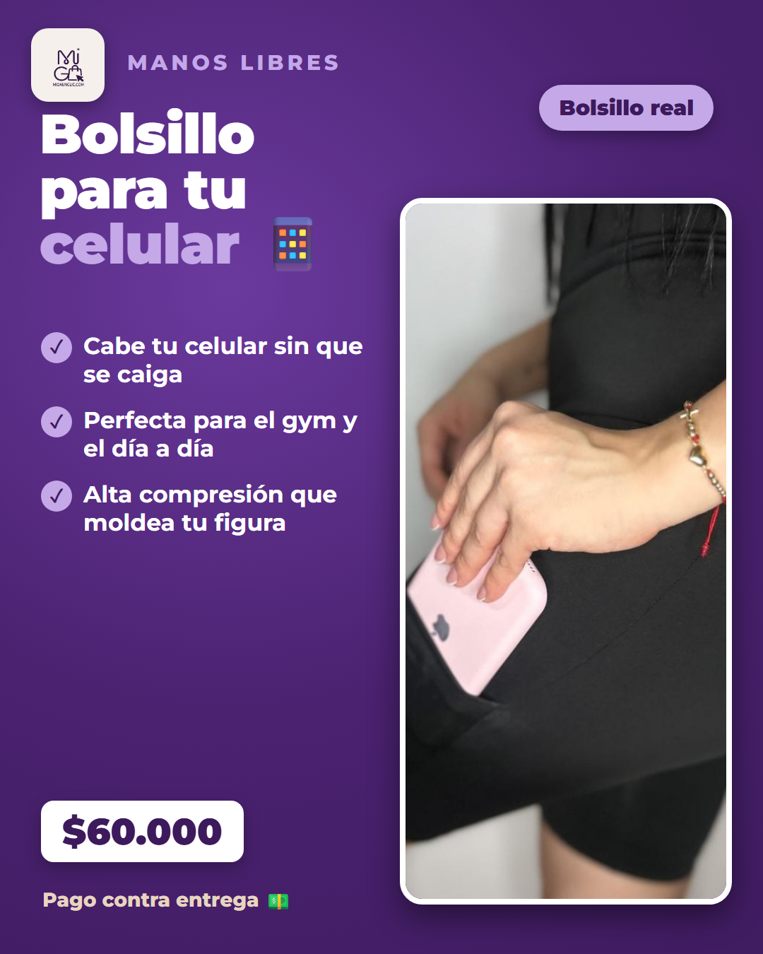 Bolsillo lateral para el celular, manos libres
