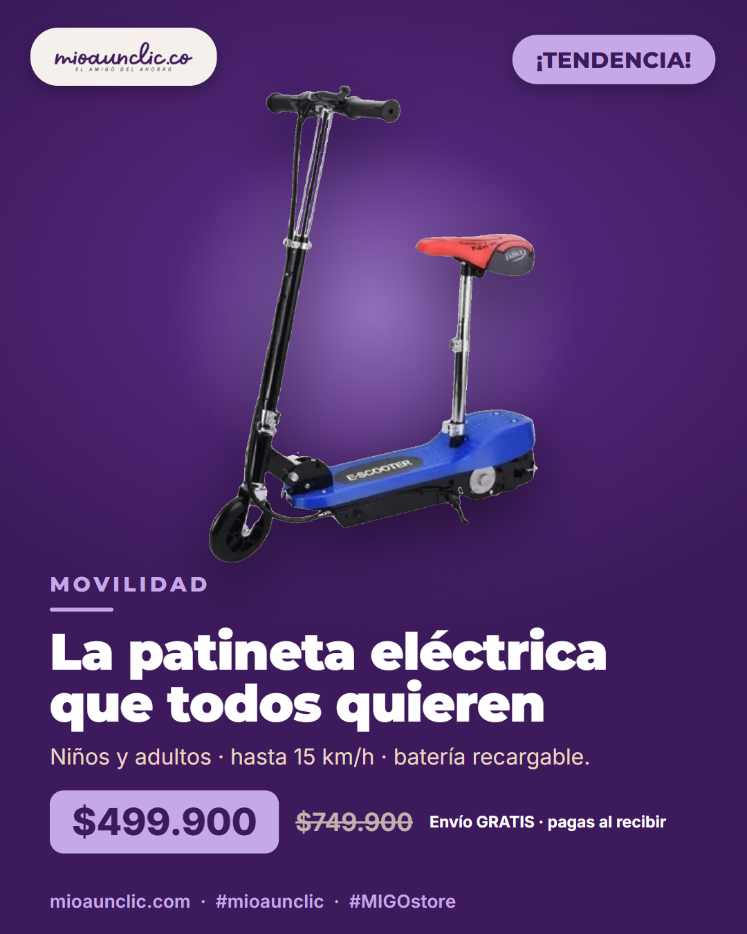 Patineta eléctrica scooter para niños y adultos - MÍO a un clic